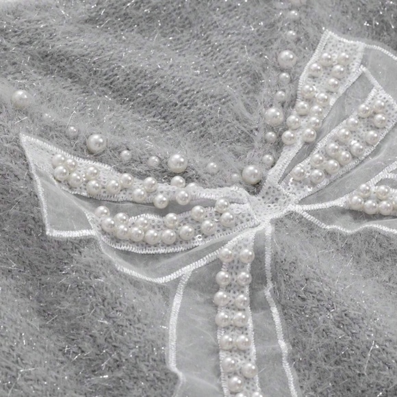 Gray Fuzzy Sweater with Pearl Bow Detail - Picture 2 of 2